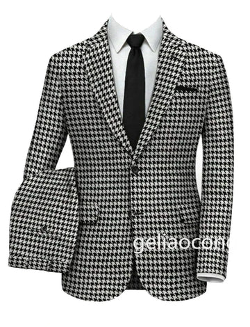 Houndstooth Men 2 Piece Wedding Suit Groom Tuxedo Slim Fit Two Button Business Suits Plaid Wedding Suit Costume Homme For Party