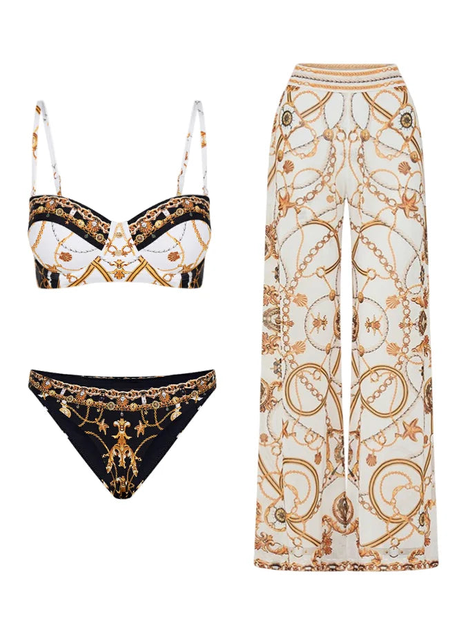 Courtl Vintage Gold Print One-piece Bikini Swimwear Costume Sexy Fashion Slim Fit Swimsuit With Long Trousers Beach Holiday 2024