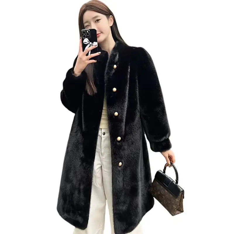 Long Faux Fur Coat for Women, Turn-down Collar, Loose Thicken Warm Teddy Jacket, High Quality Female Clothes, Winter, New, 2024