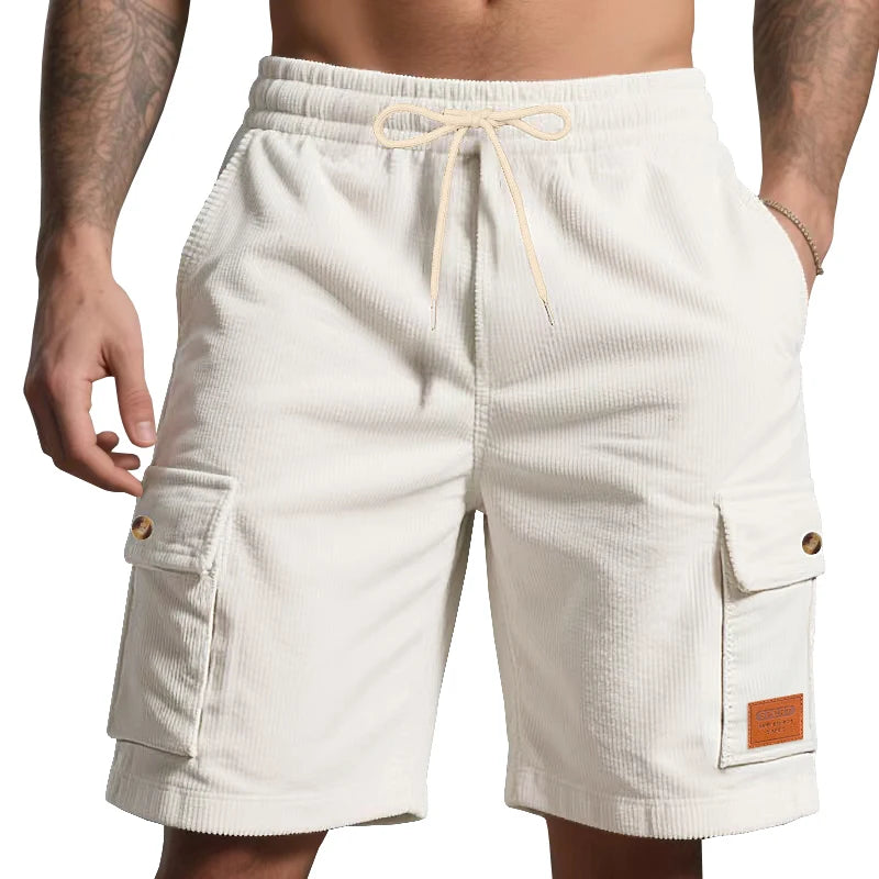 High-Quality Corduroy Solid-Colored Shorts For Men In Summer, Casual Shorts With Leather Labels, And Trendy Beach Sports Shorts