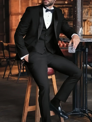 AnnieBritney Wedding Men Suits Slim Fit Shawl Lapel Black Solid Tuxedo 3 Piece Suit for Man Trendy Traje Para Hombre Custom Suit