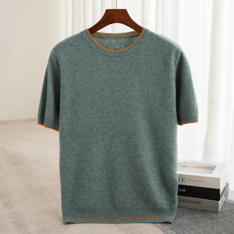 Splicing Together Cashmere Pullover Men Knitwear Pure Wool sweater O-Neck Short sleeve Business Casual Soft Warm Clothing Tops