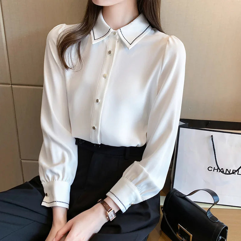 Women Clothing Solid Fashion Casual Loose Shirts Spring Autumn Long Sleeve Button Chic Turn-down Collar Blouses Female Top