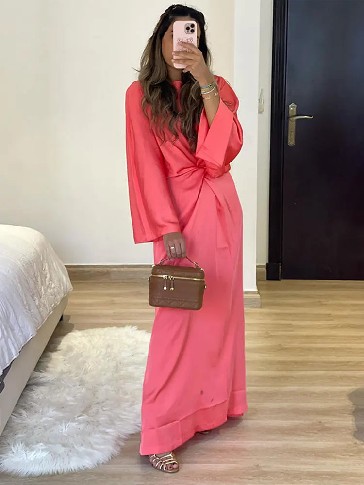 Solid Satin Batwing Sleeve Pleated Maxi Dress Women Fashion Long Sleeve O-neck High Waist Vestidos 2024 Lady Casual Loose Robes
