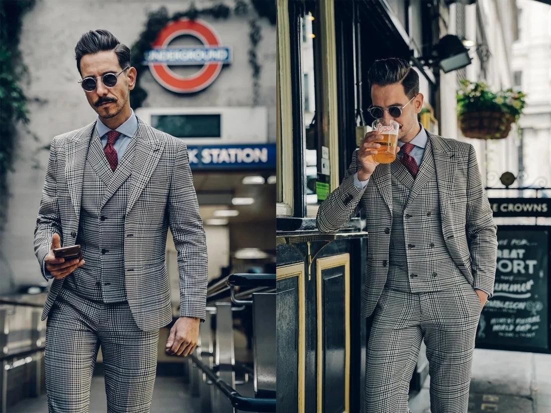 Men's Houndstooth Three Pieces Suit Peak Lapel Two Buttons Prom Dinner Tuxedos  Groom Business Tuxedos men suits wedding prom