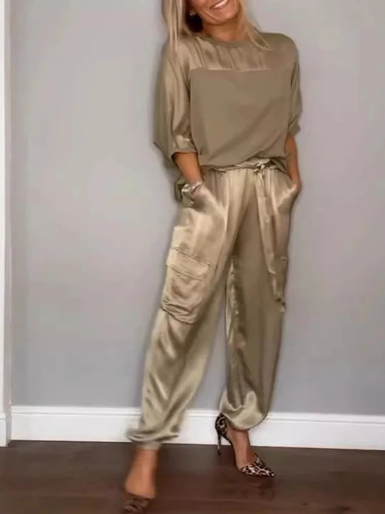 Fashion Solid Color Satin Two Piece Set Women Round Neck 2024 New Spring Summer Top Long Pants Casual Loose Two Piece Set