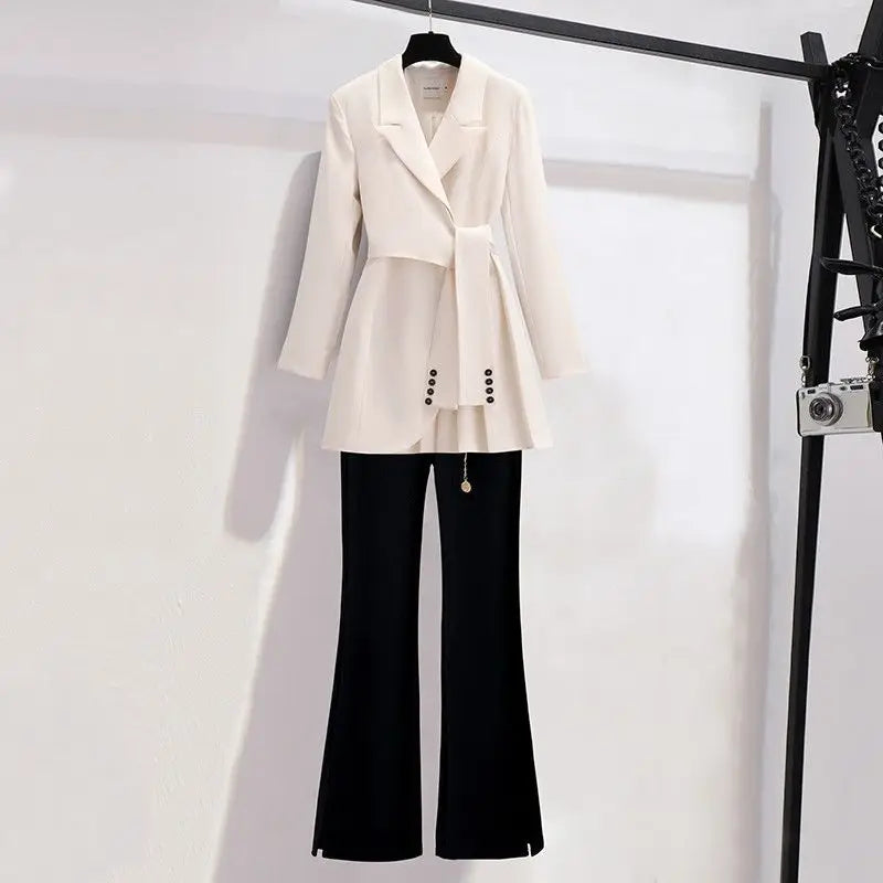 2023 Spring New Lace-up Pleated Suit Dress Jacket Blazer Chain Pants Two-piece Elegant Women's Pants Suit Office Outfits