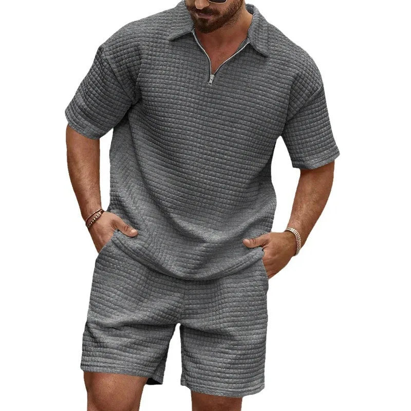 2025European and American Men's Spring and Summer Trends Youth Outdoor Lapel Small Plaid Short Sleeve Shorts Sports Suit