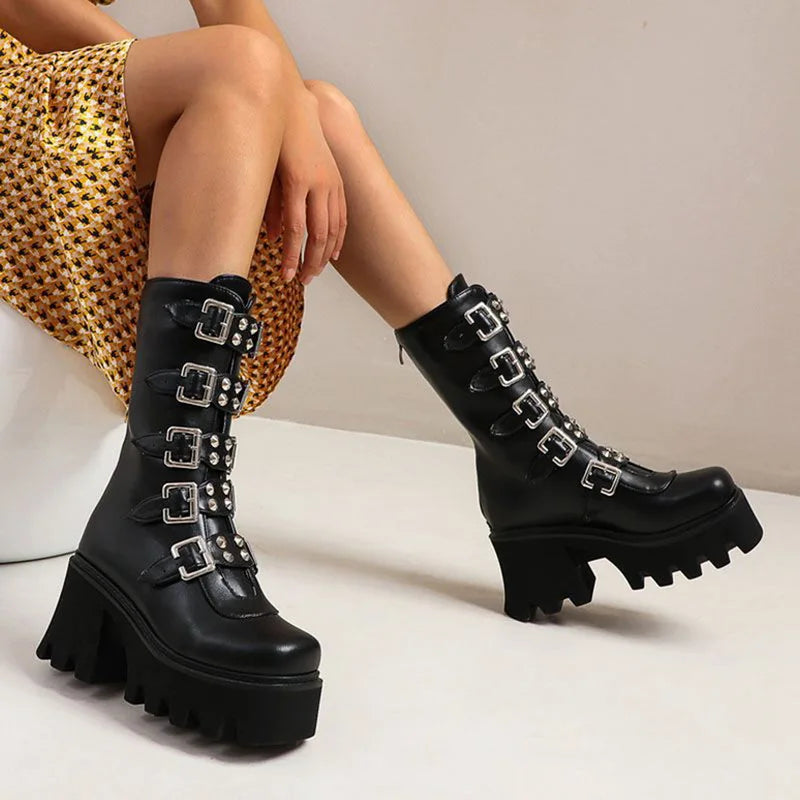 Maogu 2023 Platform Gothic Shoes Leather Women's Black High Boots Female High Heels Women Combat Punk Chunky Ladies Booties 43