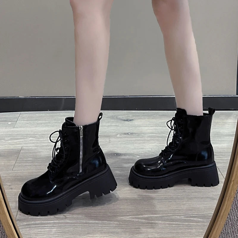 Chunky Platform Women's Ankle Boots Autumn 2024 Black Patent Leather Motorcycle Boots Woman Gothic Thick Bottom Combat Booties