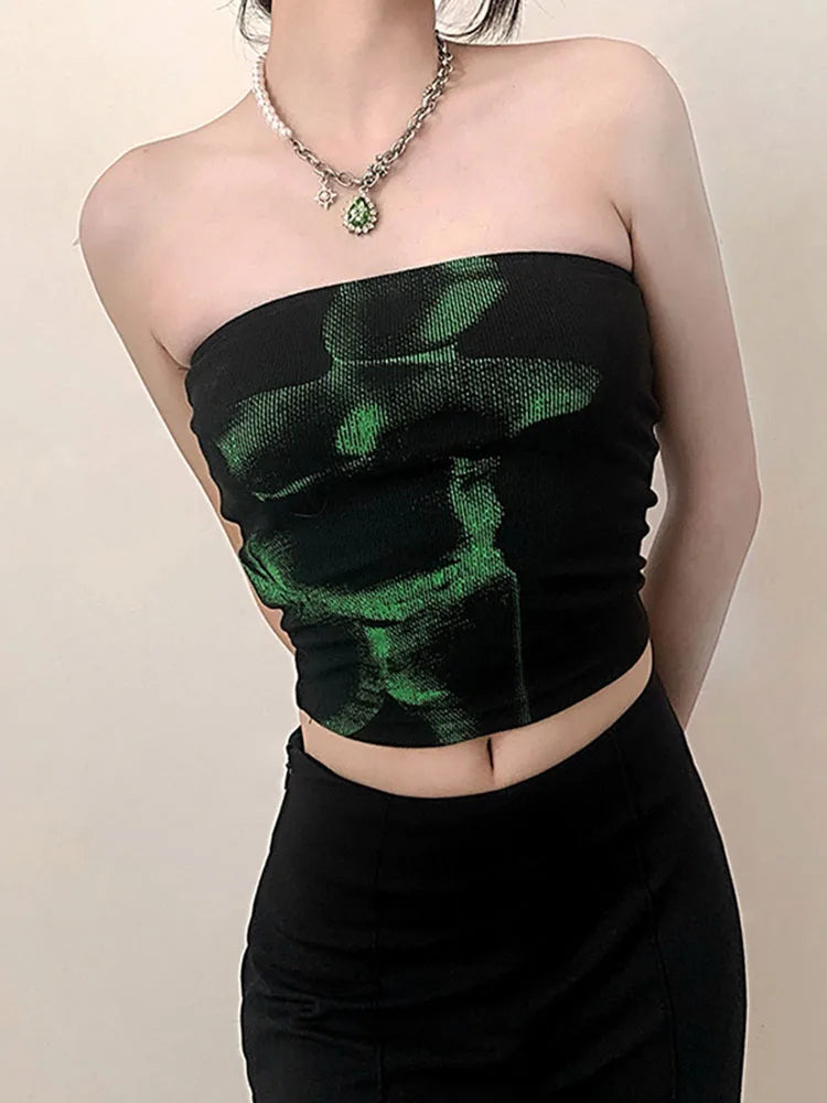 Techwear Punk Black Crop Tops Gothic Cyber Y2k Grunge Bodycon Women Strapless Backless Summer Sexy Basic Crop Tube Top