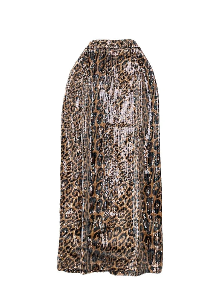 Women Chic Shinning Print Midi Skirt Zipper High Waist Leopard Zebra Wild Style Retro Long Skirts Mujer