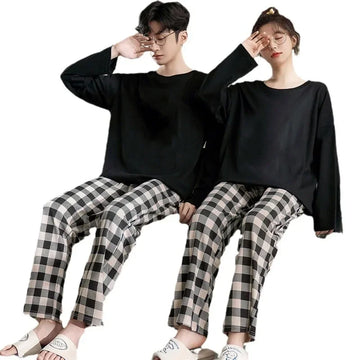 New Men Pajamas Couple Cotton Long-sleeved Autumn Winter Plaid Simple Leisure Loose Homewear Suit Men Women Can Be Worn Outside
