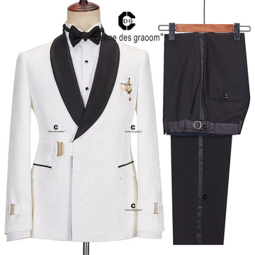 Cenne Des Graoom 2024 Men Suits Black and White Floral Paisley Tuxedo Pants Double Breasted with Single Metal Side Buckle Dinner