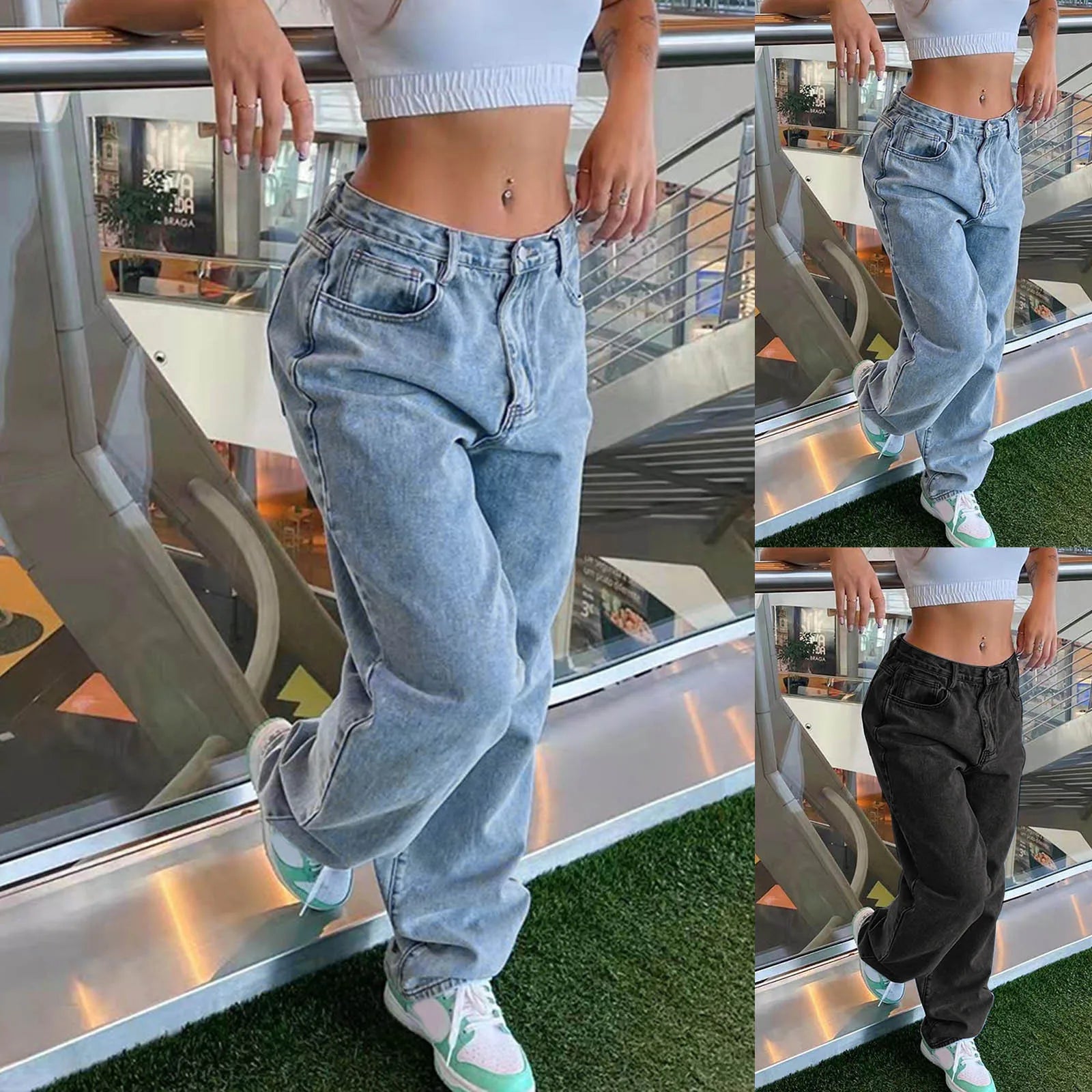 Durante toda a temporada, calça folgada versátil jeans moda feminina y2k calça de jeans baixa calça de rua casual jeans lavados com bolsos