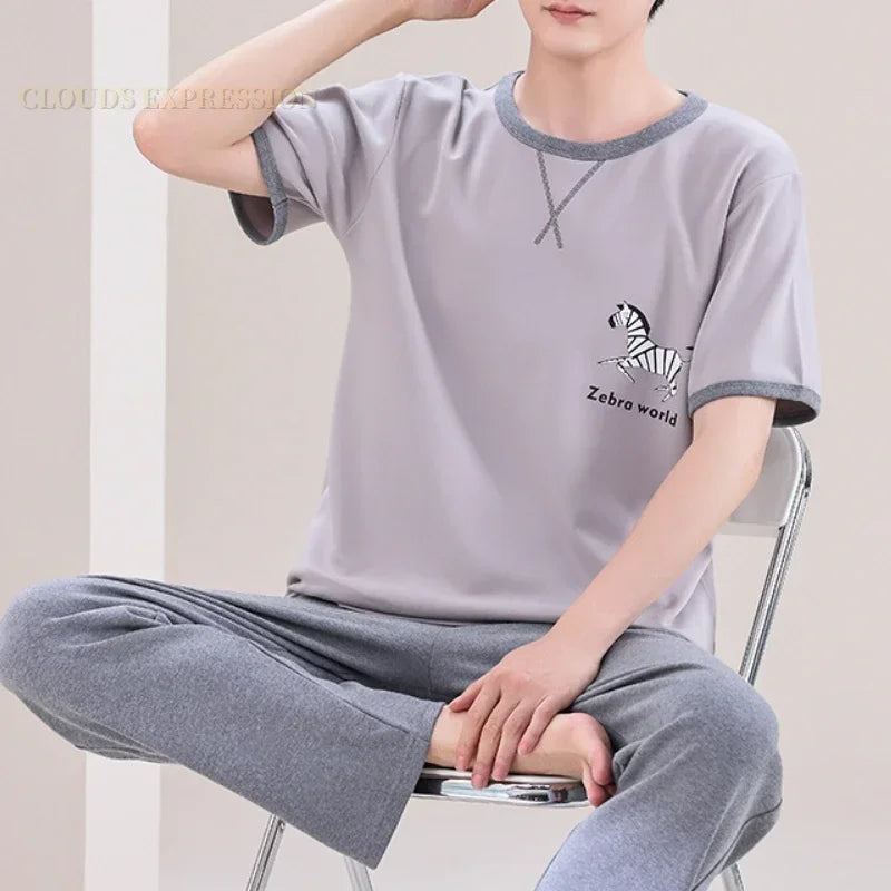 Summer Elegant Men Pyjamas Knited Plaid Pajamas Set Long Pants Sleepwear Pyjamas Night Suits Pijamas Plus Size 5XL Homewear PJ