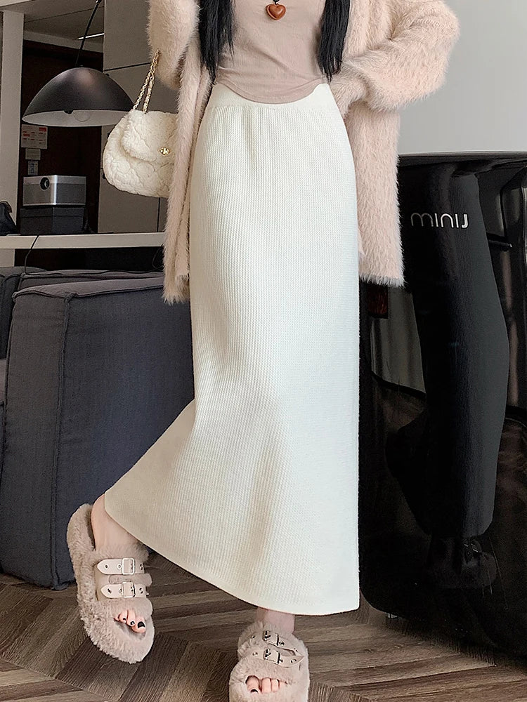 Women Sweater Skirt Pencil Knitted Skirt High Waist Skirts Womens Winter 2023 Long Warm Knitting Skirts Straight Split Bottoms