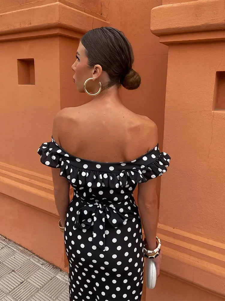 Elegant Polka Dot Print Ruffles Maxi Dress Women Fashion Strapless Slash Neck Backless Vestidos 2024 Lady Party Club Sexy Robes