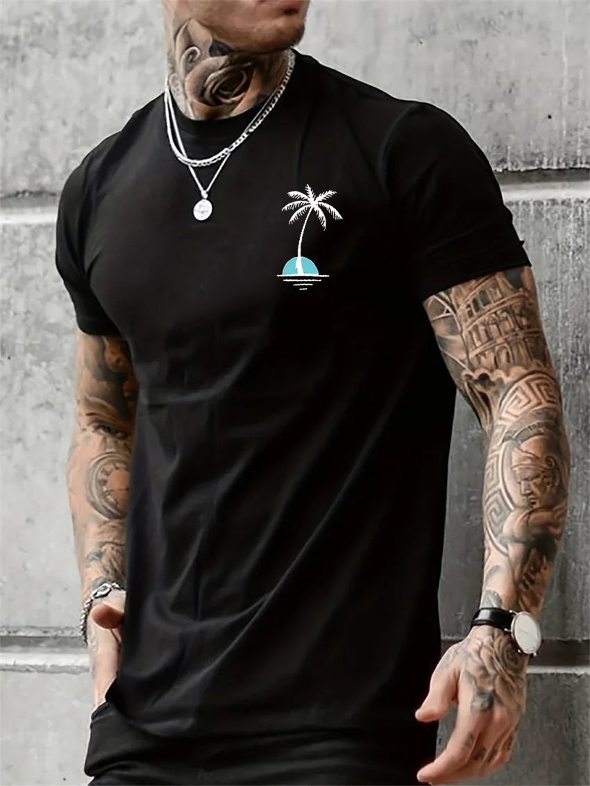 Men's Summer Casual Loose Size 100% Cotton Coconut trees Print Round Neck Short Sleeve T-shirt Top