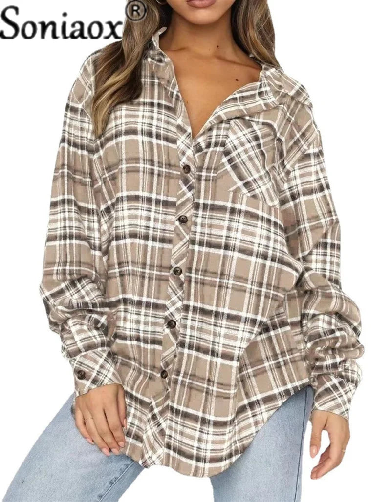 Flannel Plaid Shirt Women Autumn Loose Button Up Lapels Tops Casual Checkered Long Sleeve Blouse Ladies Pockets Basic Female New