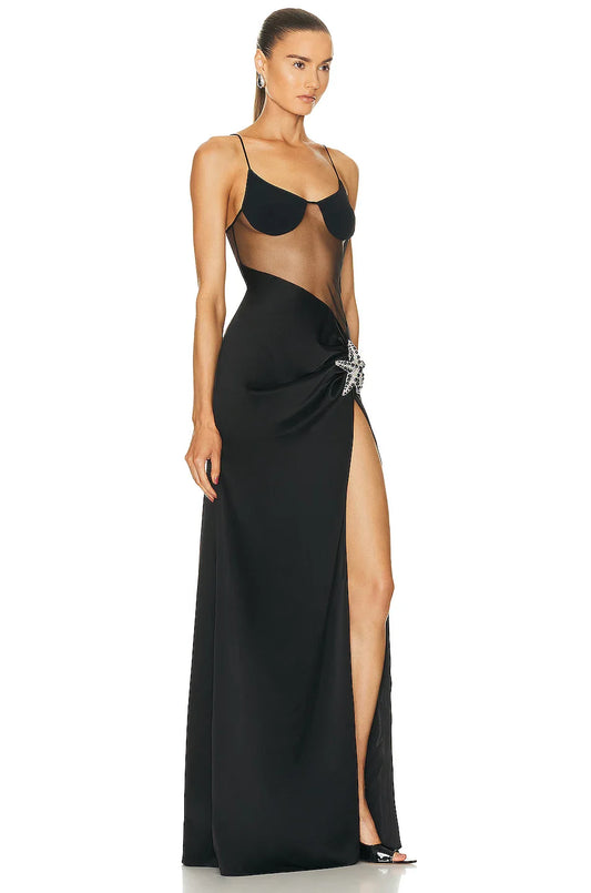 Black Color Women Sleeveless Sexy Strap V-Neck Bodycon Long Bandage Dress Mesh Celebrate Evening Party Dress