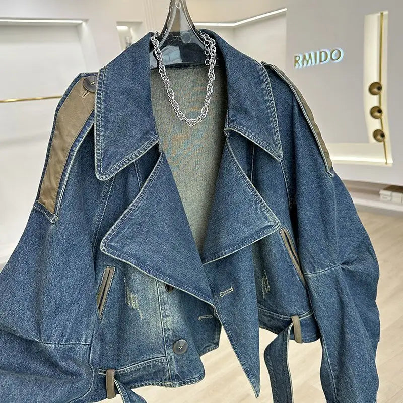 [ZOCI] Worn Leather Patchwork Denim Jacket Women A Sense Of Design Niche Casual Loose Fitting Short Westernized