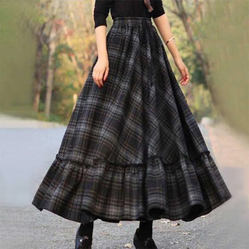 Fashion Loose Shirring Bandage Spliced Ruffles Plaid Skirts Women's Clothing 2024 Spring New Oversized All-match Long Skirts