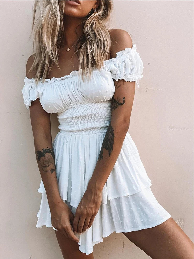 Short Sleeve White Dress Women‘s Summer Dress Fashion Ruffle Mini Dress Sexy Strapless Dress