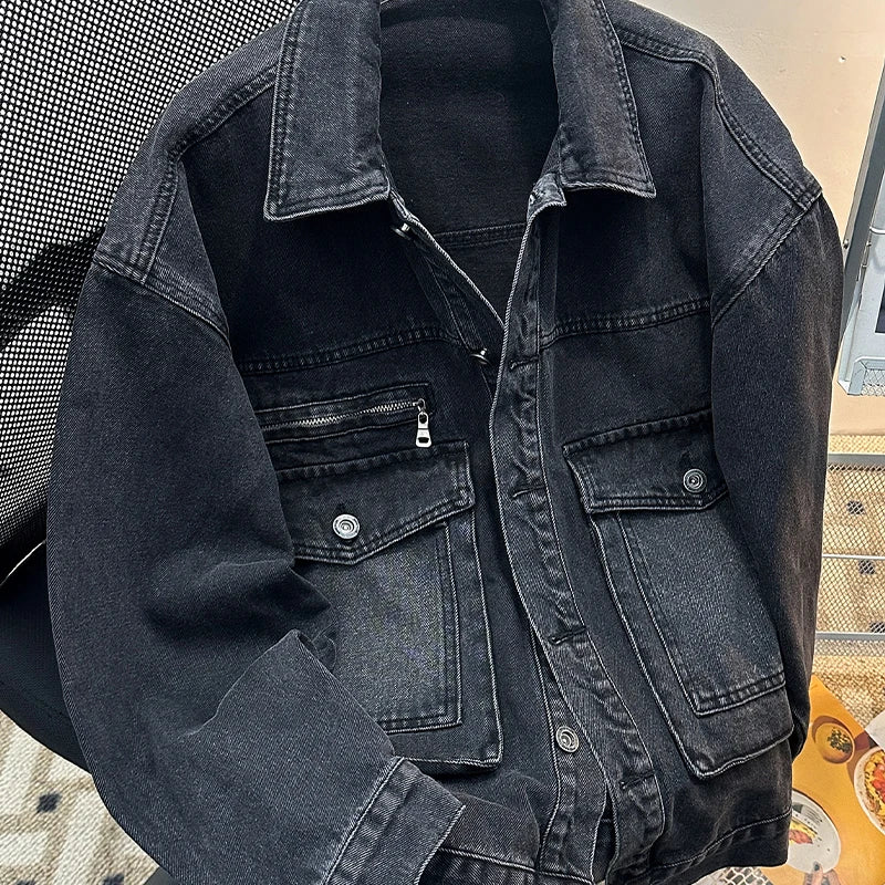 Men Black Denim Jacket Spring Autumn New Korean Retro Casual Versatile Lapel Zipper Coats Fashion Loose Large Pockets Solid Tops