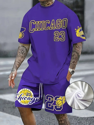 New Purple Chiago No.23 Print Men's Casual Short Sleeve T-Shirt Shorts Set Adult Basketball Jogging 2 Piece Set Men Clothing