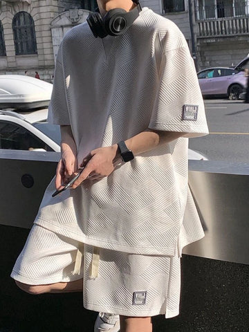 Gmiixder Summer Unisex Asual Suit Men's Hong Kong Style Short SleeveT-shirt Korean Streetwear Casual Preppy Shorts Two Piece Set
