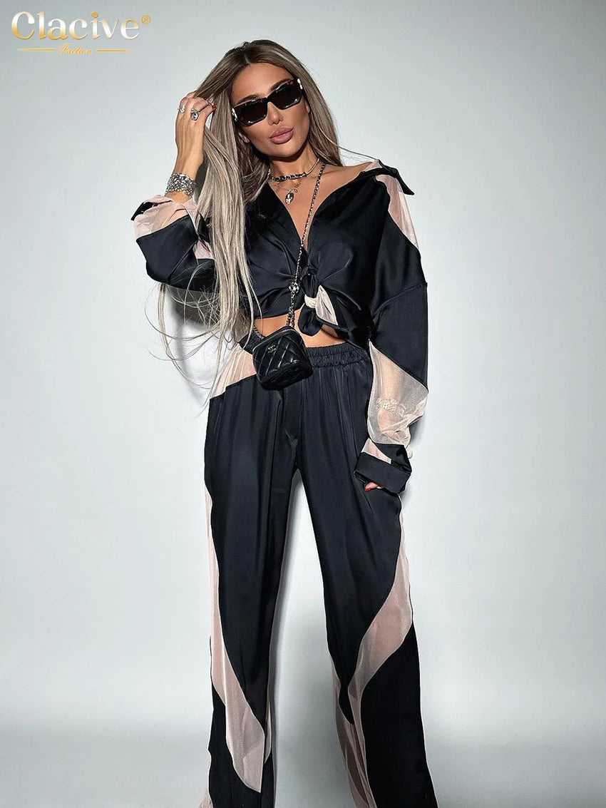 Clacive Elegant Women'S Sets Fashion Loose Spliced High Waist Pants Set Casual Long Sleeve Shirts 2 Piece Sets Women Outfit 2023