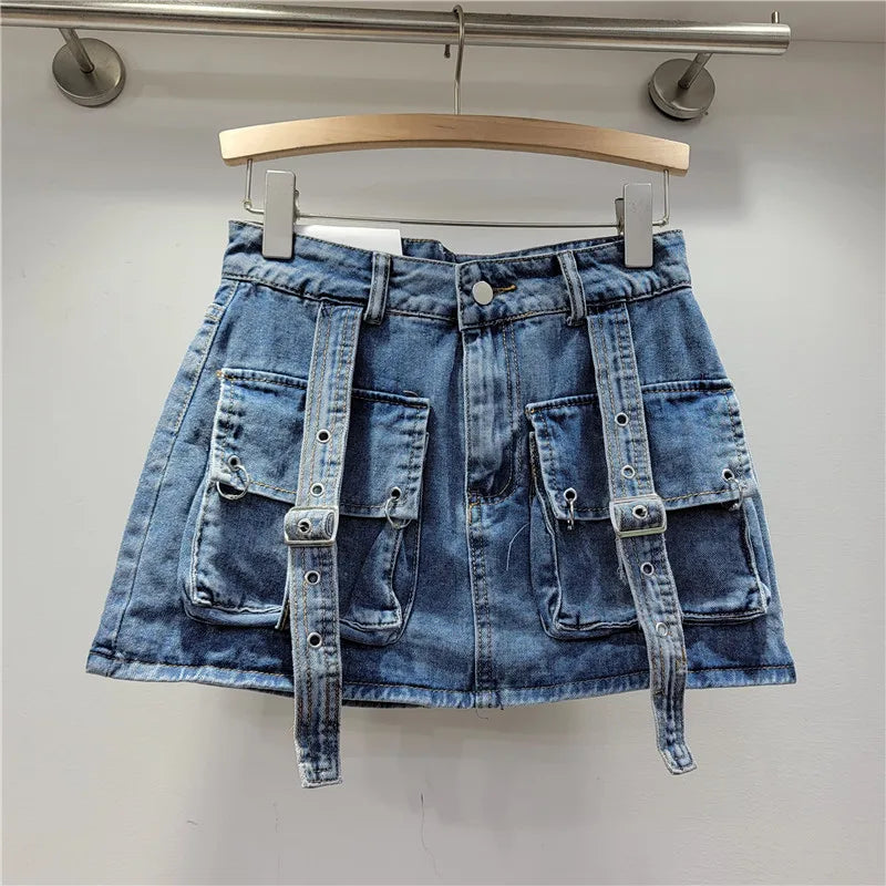 Retro Pink Large Pocket Denim Anzug Frühling Sommerhülse Kurzweste hohe Taille Hüfte verpackte Rock 2 Stück Sets Frauen Outfits