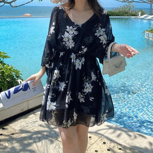 2023 New Loose oversized Women's Swimwear Three Piece Set Slimming Conservative Long Sleeve With Chest Pad Without Steel Support