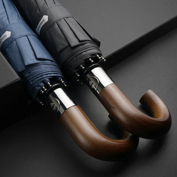 Parachase Automatic Folding Umbrella Wooden Handle, UV Protection Sun Umbrella, 10 Rib Windproof Compact Umbrella Man Woman