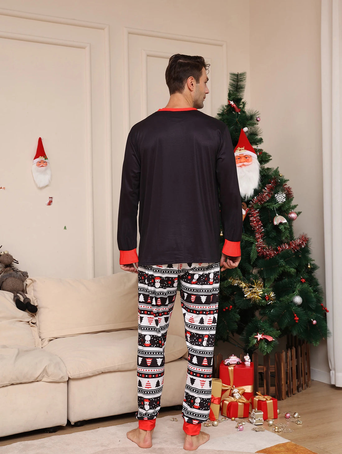Men's Christmas Sleepwear Set, Black Top with Santa Hat & "Happy New Year" Print, Festive Patterned Bottoms