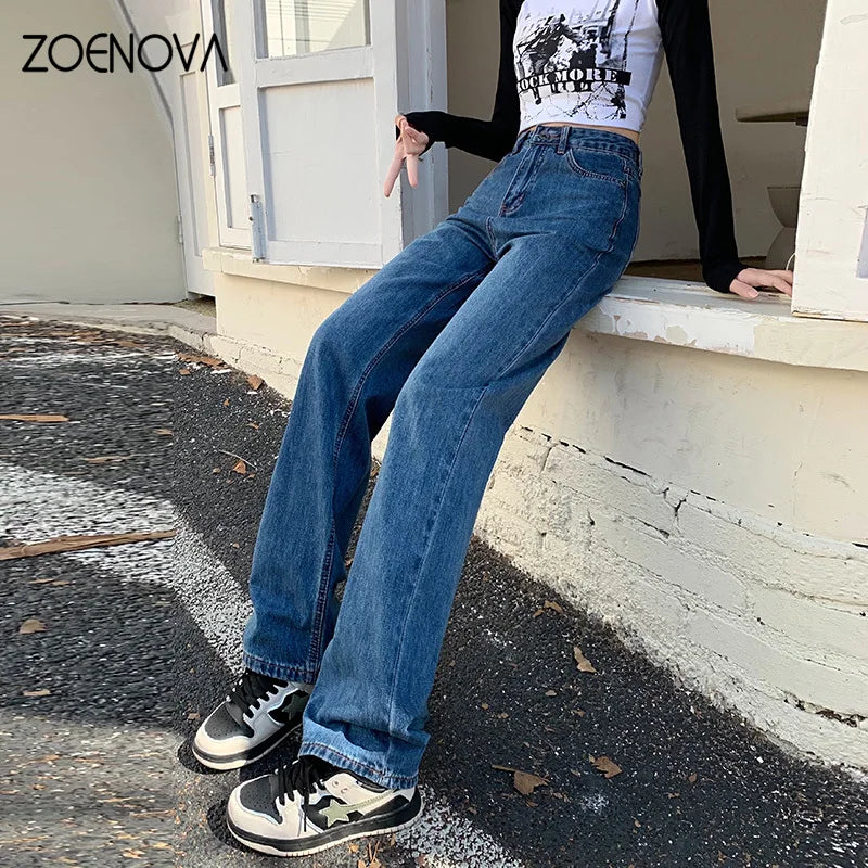 ZOENOVA 2024 Spring Premium Straight Women's Jeans Casual High Waist Straight Wide Leg Pants Y2K Street Versatile Denim Trousers