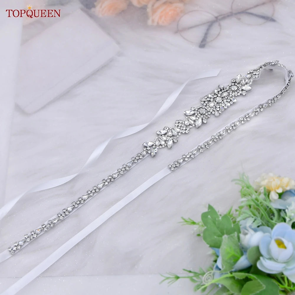 TOPQUEEN New Style Bridal Belt Silver Fancy Rhinestone Women Wedding Dress Accessories Satin Ribbon Belt S51