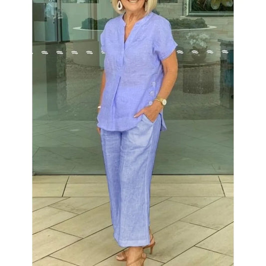 Fashion Cotton Linen Short Sleeved Women Shirt Pants Suit Spring Summer New Simple Casual Pocket Pants Female Office 2 Piece Set