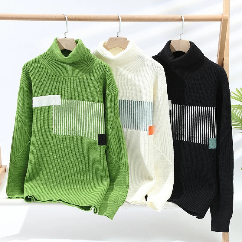 Autumn Winter Fashion Turtleneck Sweater Men Patchwork Knit Pullovers Korean Casual Sweaters Loose Mens Warm Pullover Knitwear