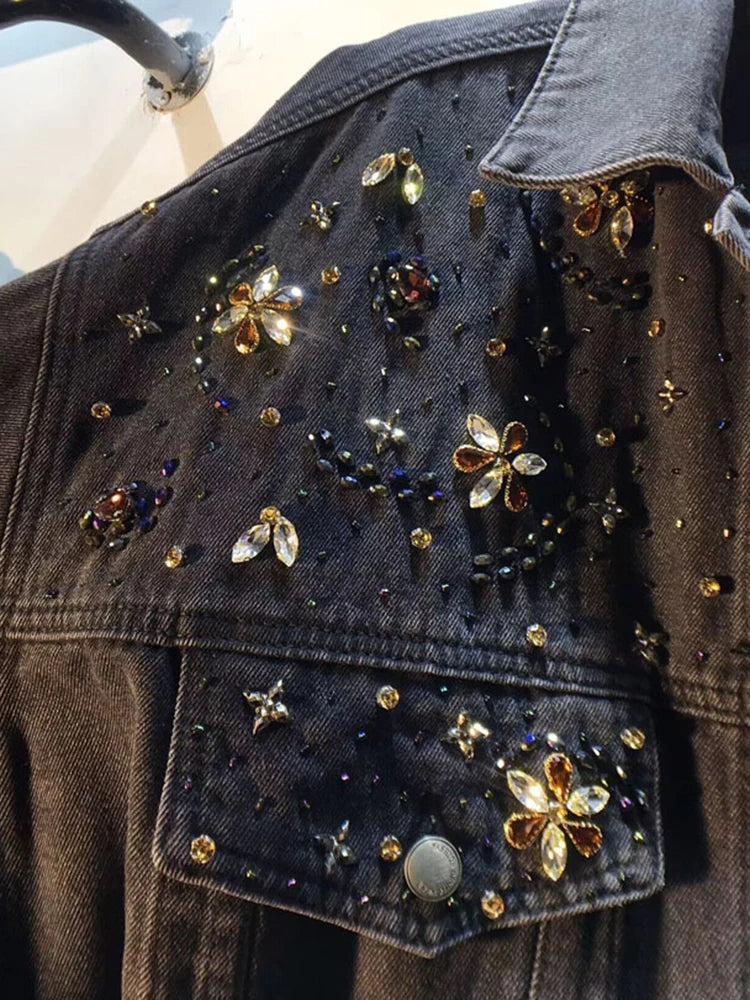 Deat Women's Denim Coat Wash Black Flowers Diamonds Diamonds Patchwork Loose Manga Longa Jackets 2024 Summer New Fashion 29L3587