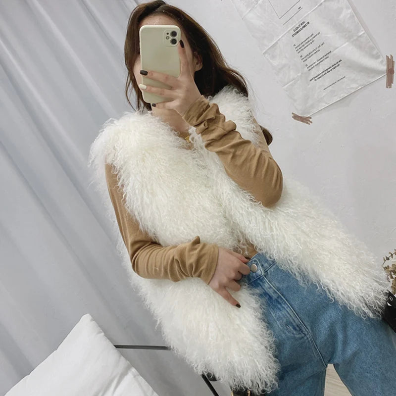 11 Colors Luxury Thick Warm Mongolia Sheep Fur Vest Women New Winter Hot V-neck Sexy Wool Fur Coat