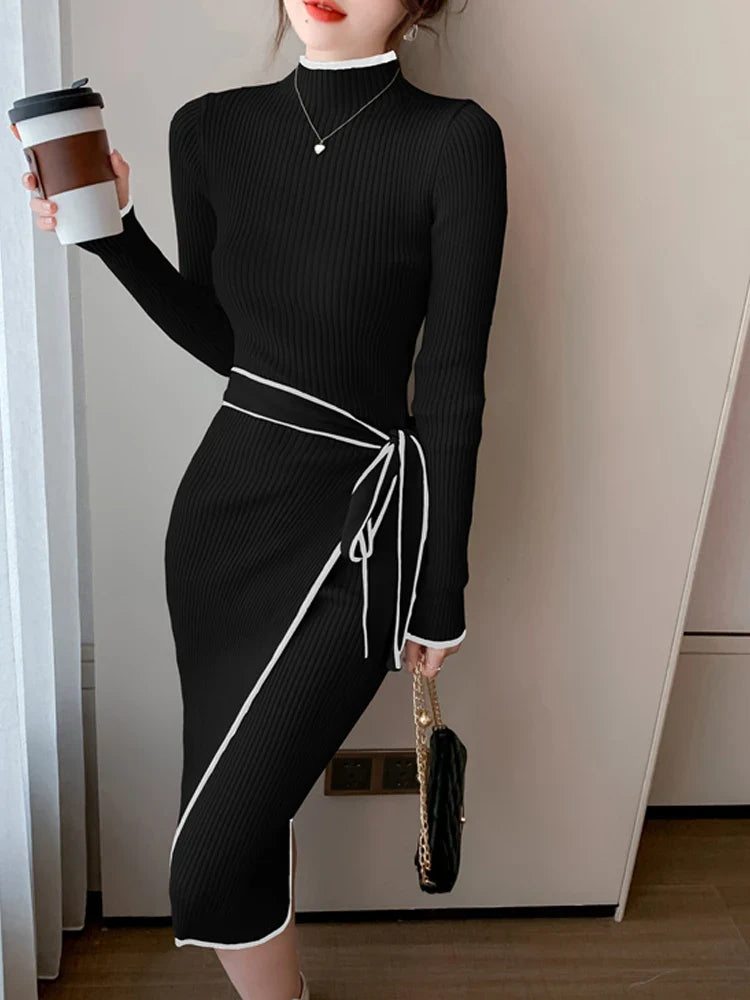 Women Knitted Dress New Autumn Winter Slim Lace-Up Long Sleeve Bottoming Sweater Skirt Elegant Fashion Office Female Vestidos