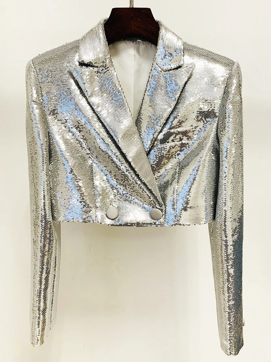HIGH STREET Newest 2024 Stylish Designer Suit Set Women's Glitter Seqeuined Crop Short Jacket Skirt Suit 2pcs