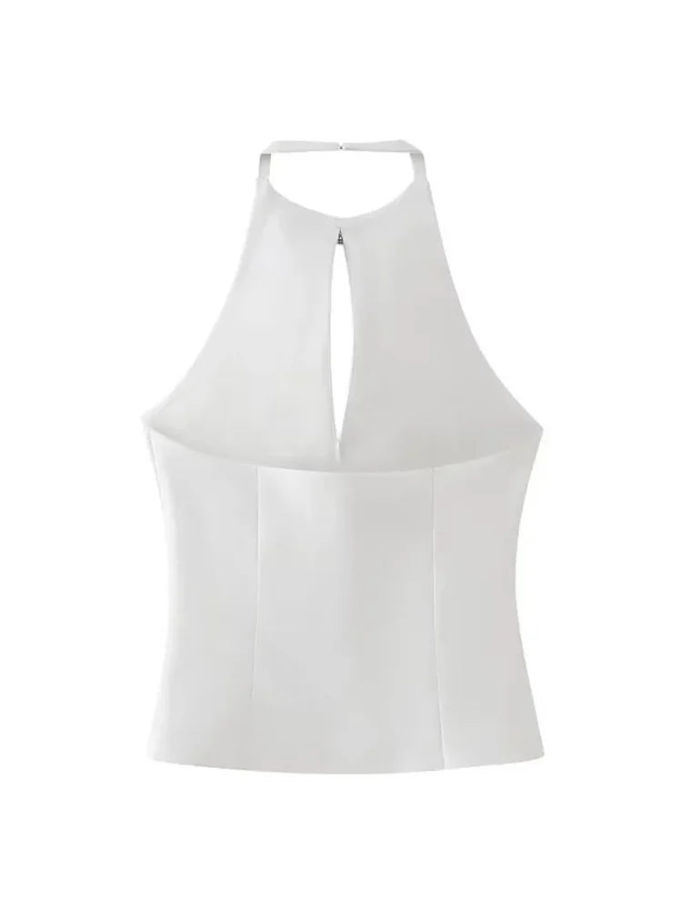 HH TRAF Summer Sexy Halter Tops Woman Fashion Solid O-Neck Sleeveless Hollow Out Backless Bow Decoration Female Elegant Slim Top