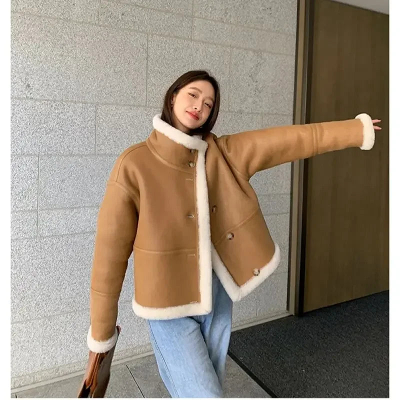 Lady 2024 Fashion Wool Jackets Women Fashion Real Wool Lamb Fur Coat Winter Jacket LSBH69