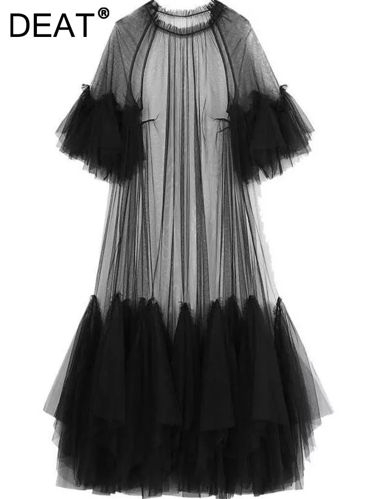DEAT 2024 Summer Women's Dress New Fashion Round Neck Loose Gauze Spliced Ruffles Sleeve Ankle-length Dresses Female JR77101