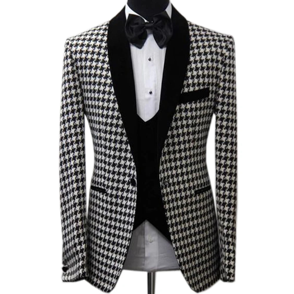 Houndstooth 3 Pieces Men Suit Slim Fit Formal Business Casual Suits For Male Wedding Groom Tuxedo Party Suit(Jacket+Pants+Vest )