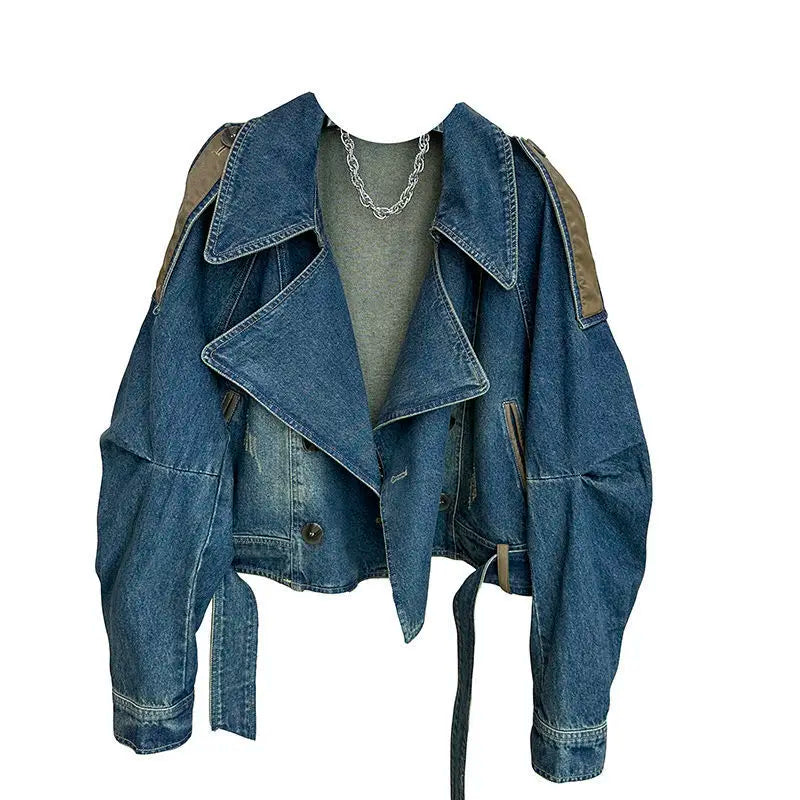 [ZOCI] Worn Leather Patchwork Denim Jacket Women A Sense Of Design Niche Casual Loose Fitting Short Westernized