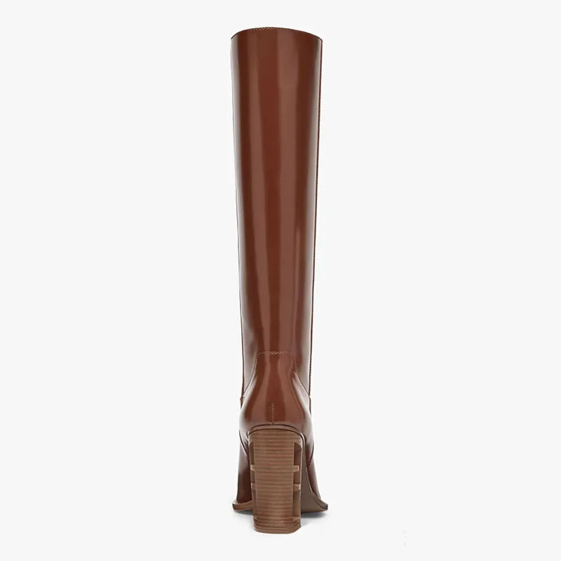 Arden Furtado Woman's leather Knee high boots hollow out Chunky heels Riding boots fashion knee high Brown tan boots for women